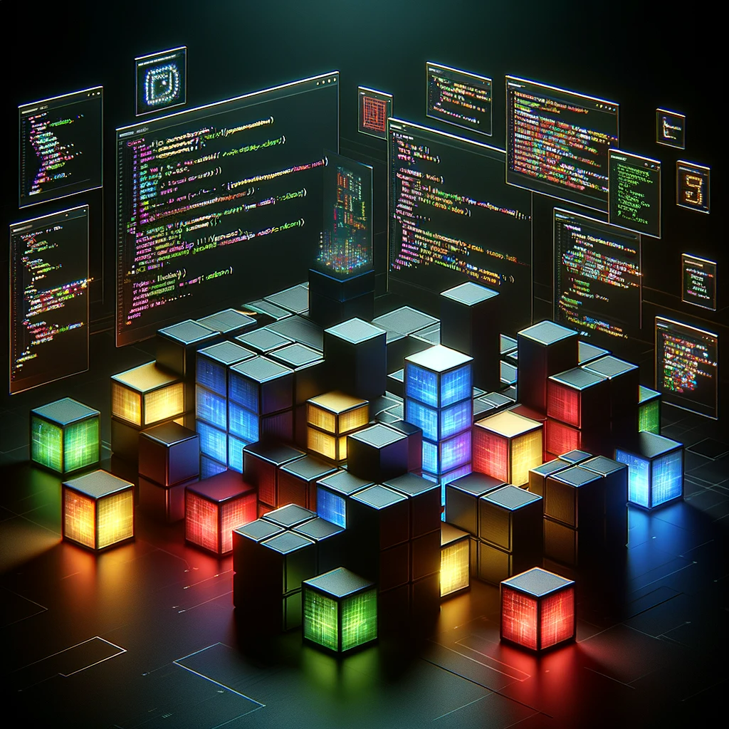 A dark-themed digital workspace showing colorful Blockly programming blocks with ZPL code snippets, embodying a seamless integration of visual and text-based programming languages.